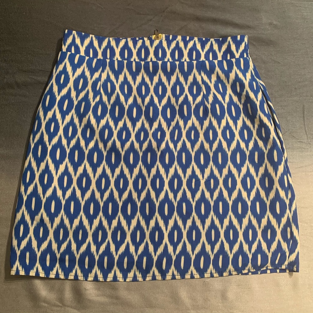 Blue and white mini skirts.